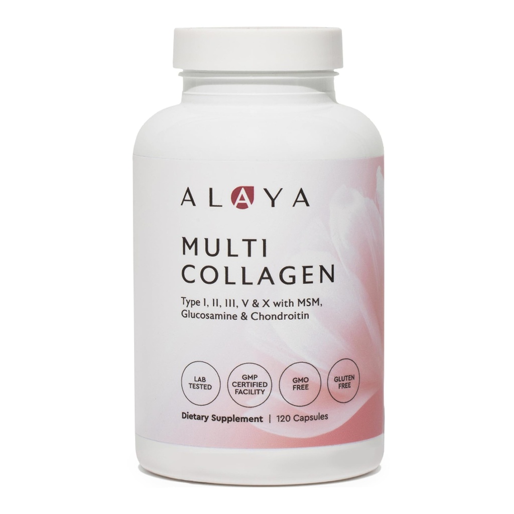 Alaya Naturals 水解多烯丙基蛋白蛋白-I型、II型、III型、V型、X型草鳍波文、鸡肉、海洋钴加成MSM + GC(Capsules - 120个计数)