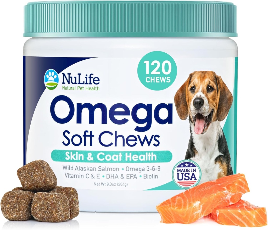 Omega Skin and Coat Chews for Dogs, 野生沙门狗用生素和维生素E治疗, 帮助治疗Ichy Skin, Alergy Relief & Shedding, Omega 3 6 9, EPA & DHA Fatty Acids, 在美国制造, 120 Chews