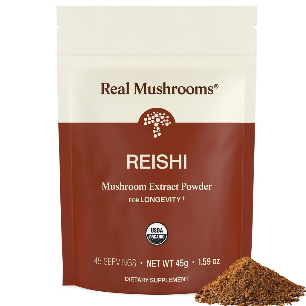 真正的蘑菇 Reishi 蘑菇粉 - 手摘的有机蘑菇提取器 - Red Reishi 配有验证的Beta Glucans Vegan的Tranquil Daily Wellness, Non-GMO,无谷物填充器,45位服务员