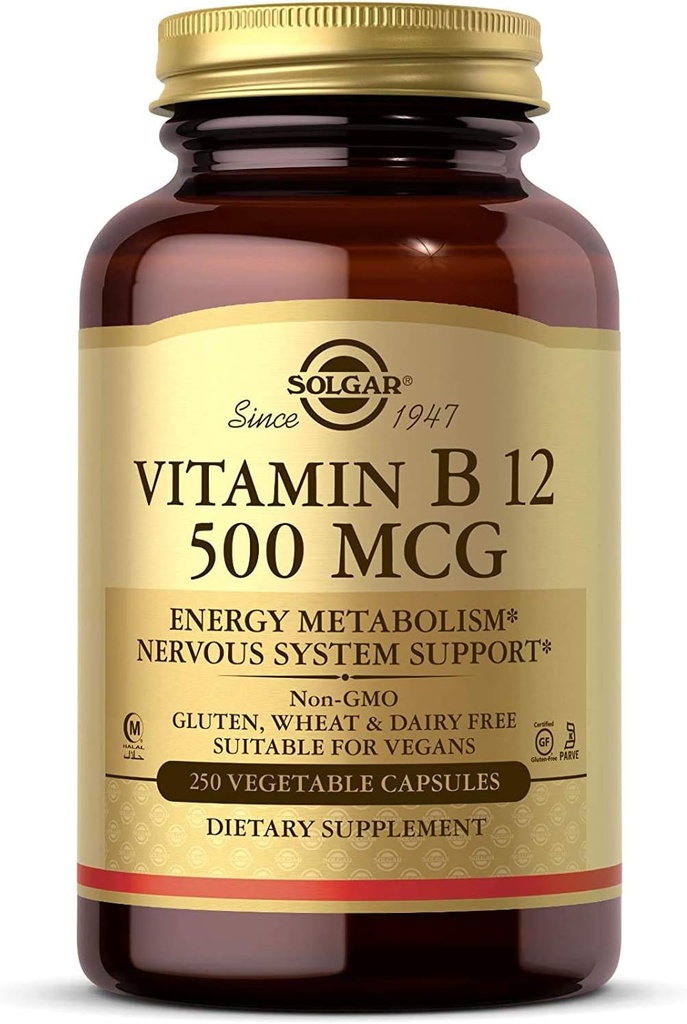 Solgar维生素B12 500毫克, 250个蔬菜罐头 -- -- 能源代谢 -- -- 神经系统支持 -- -- 促进心脏健康 -- -- 非GMO、Vegan、Gluten自由、奶制品自由、Kosher、Halal -- -- 250个服务