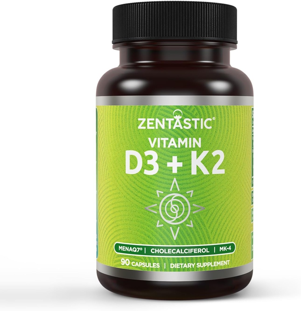 Zentastic Vitamin D2, 5000IU & 200mcg, 维生素D & 专利MK7 & MK4 用于3-in-1 复合支持 - 蔬菜, 非GMO, 90 Caps