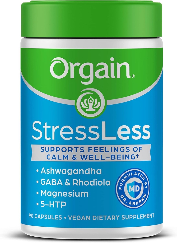 Orgain 压力Less, Vegan 压力救济补编 -- -- 镁、柠檬、GABA、5 HTP、Rhodiola Rosea、Ashwagandha和Chamomile、Gluten Free、医生制定 -- -- 90个计数、30天供应