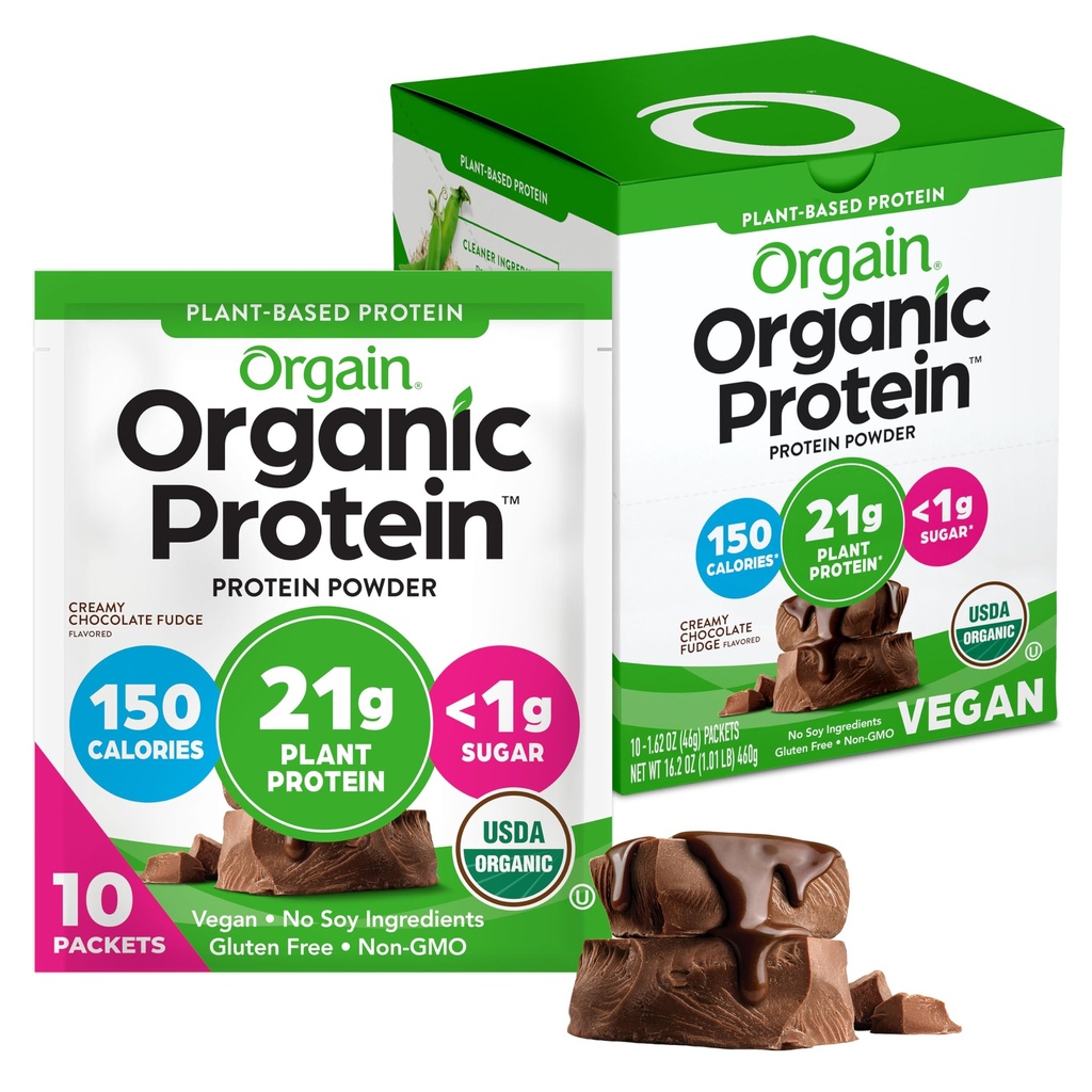 Orgain 有机维冈蛋白粉、奶油巧克力糖-21g 植物蛋白、6g 预生纤维、低碳、无乳糖成份、无添加糖、非GMO、用于摇摆和滑动、10个旅行包装
