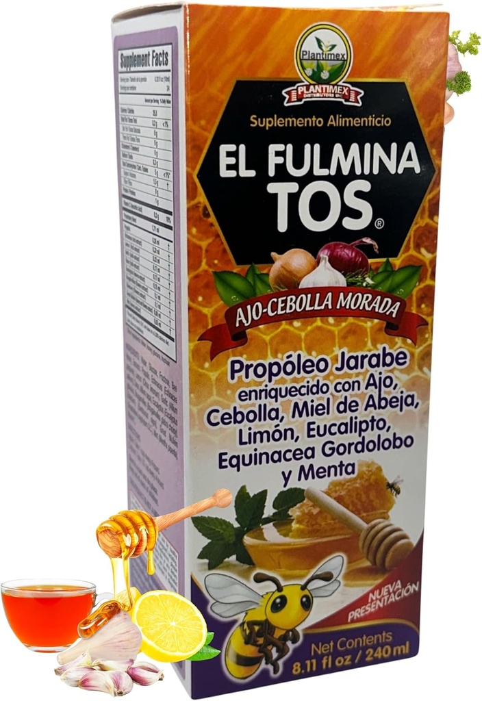 EL Fulmina TOS Proposoleo + AJO + CEBOLLA + Miel + Limon + Eucalipto + Equinacea + Gordolobo & Menta (Propolis Syrup W/Garlic and Onion) 8.11 fl oz 营养 补充 Cough Syrup Fulmina Tos