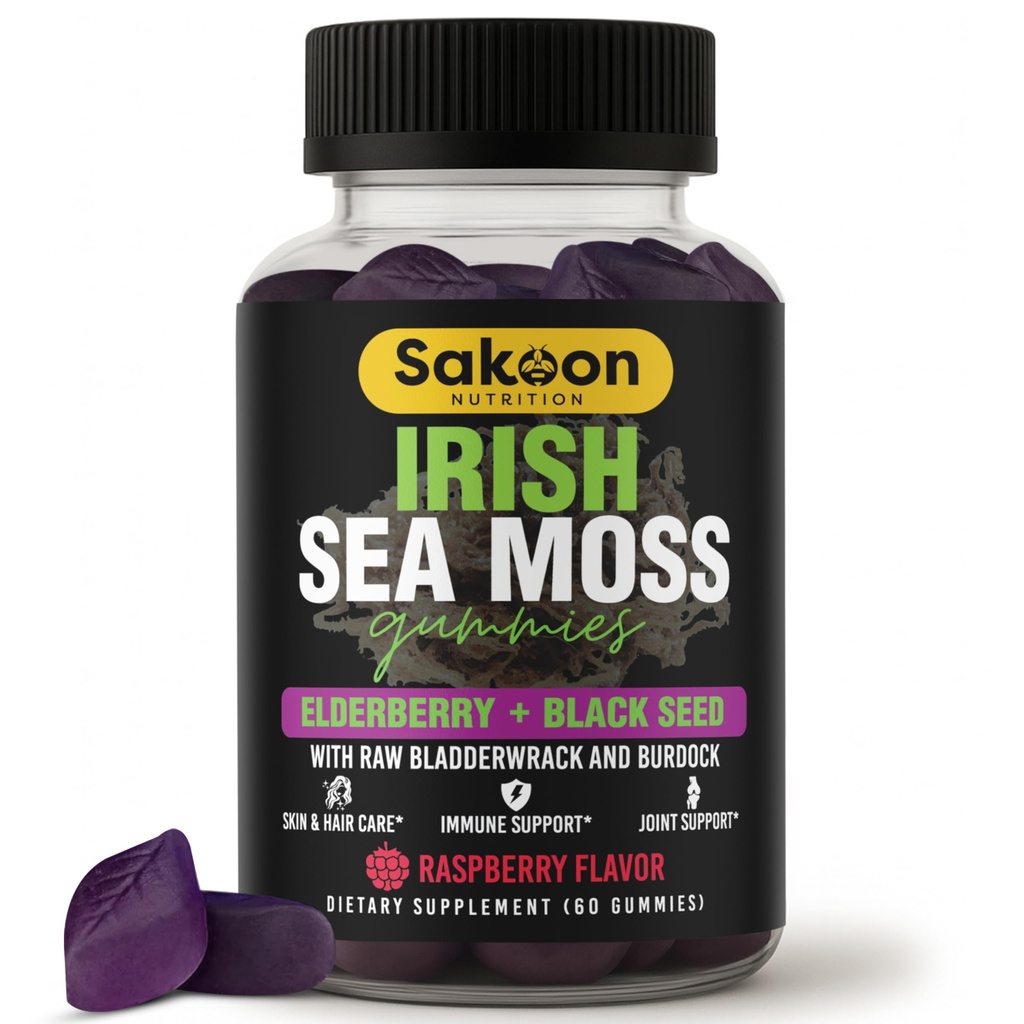 爱尔兰海 Moss Gummys 配有 老年莓和黑种子油 - 整体健康支持 → 富于维生素, Raspberry Flavor → 60 Gummys