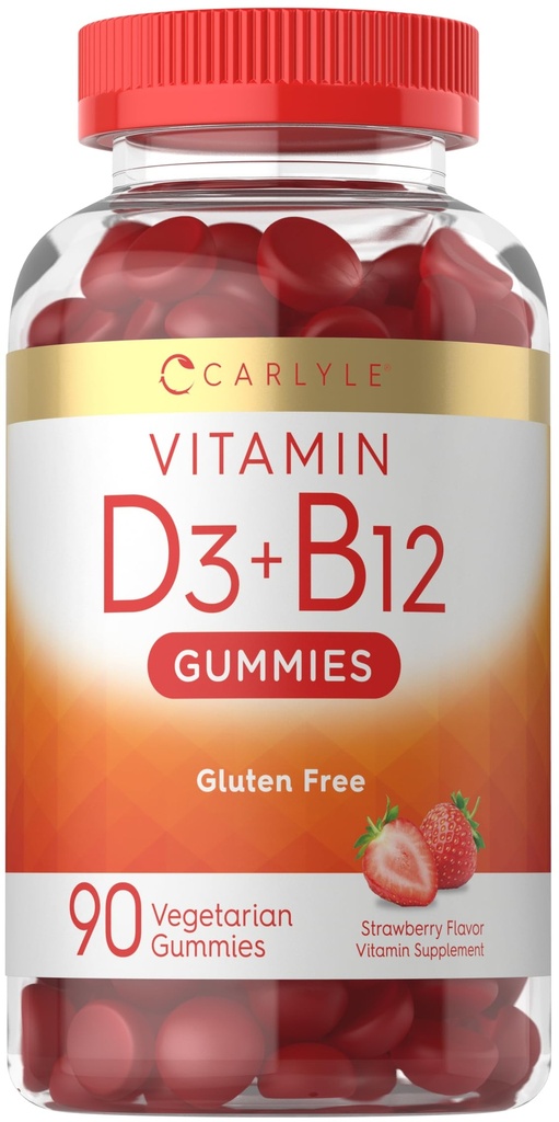 Carlyle Vitamin D3 + B12 复杂古米 → 90 QQ 蔬菜、非GMO 和 Gluten 自由公式 → 草莓 Flavor 补充