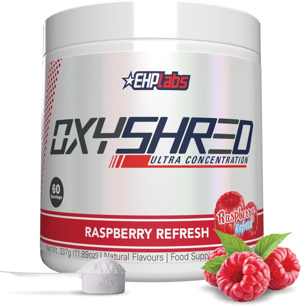 EHP实验室 OxyShred Pre Workingout Powder - 使用 L Glutamine & Acetyl L Carnitine 的预工作粉, 能量靴饮料 - Raspberry刷新, 60 services