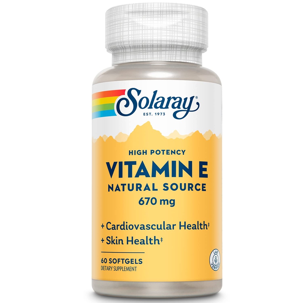 SOLARAY 维生素E 1000 IU 软胶卡普尔,670 mg - d Alpha Tocopherol 维生素E 补充剂 - 皮肤健康,心脏功能和抗氧化剂支持 - 60天保障 - 60 services, 60 Softgels