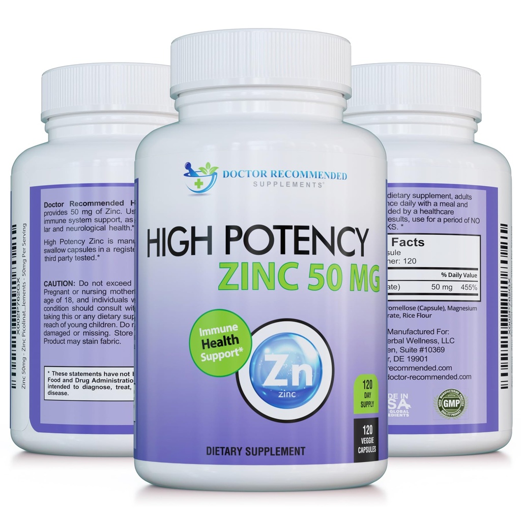 锌 50mg - 锌 Picolinate Immune健康支持补充 120 Veggie Capsules for 成人和儿童维生素,井下高活性纯锌补充剂 - 50mg 个人服务