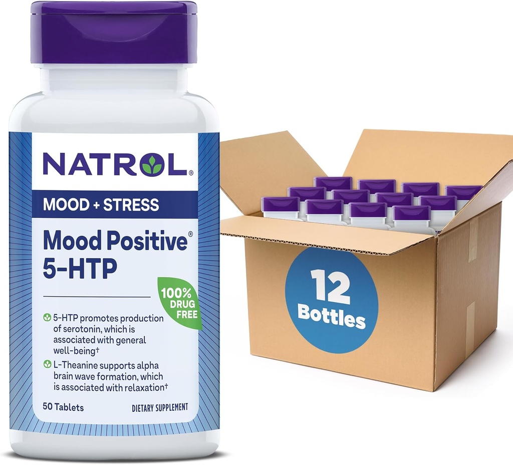 Natrol Mood阳性5-HTP 50mg 配L-Theanine,维生素B6,维生素B12和Folate,膳食补充帮助支持阳性Mood,50平板,25-50天供应(12包)