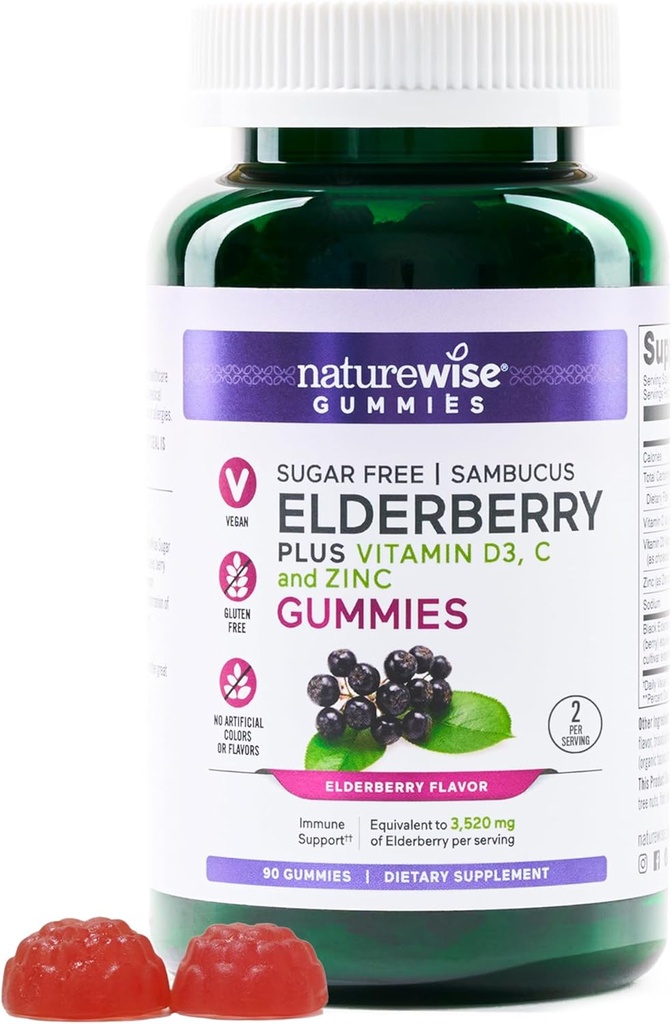 NatureWise Sambucus 长老莓果汁 - 无糖 - 儿童与成年人每日免疫支助补助*,有维生素C,D3,锌 - Vegan,Gluten Free,Non-GMO - 90 Count [45日供应]