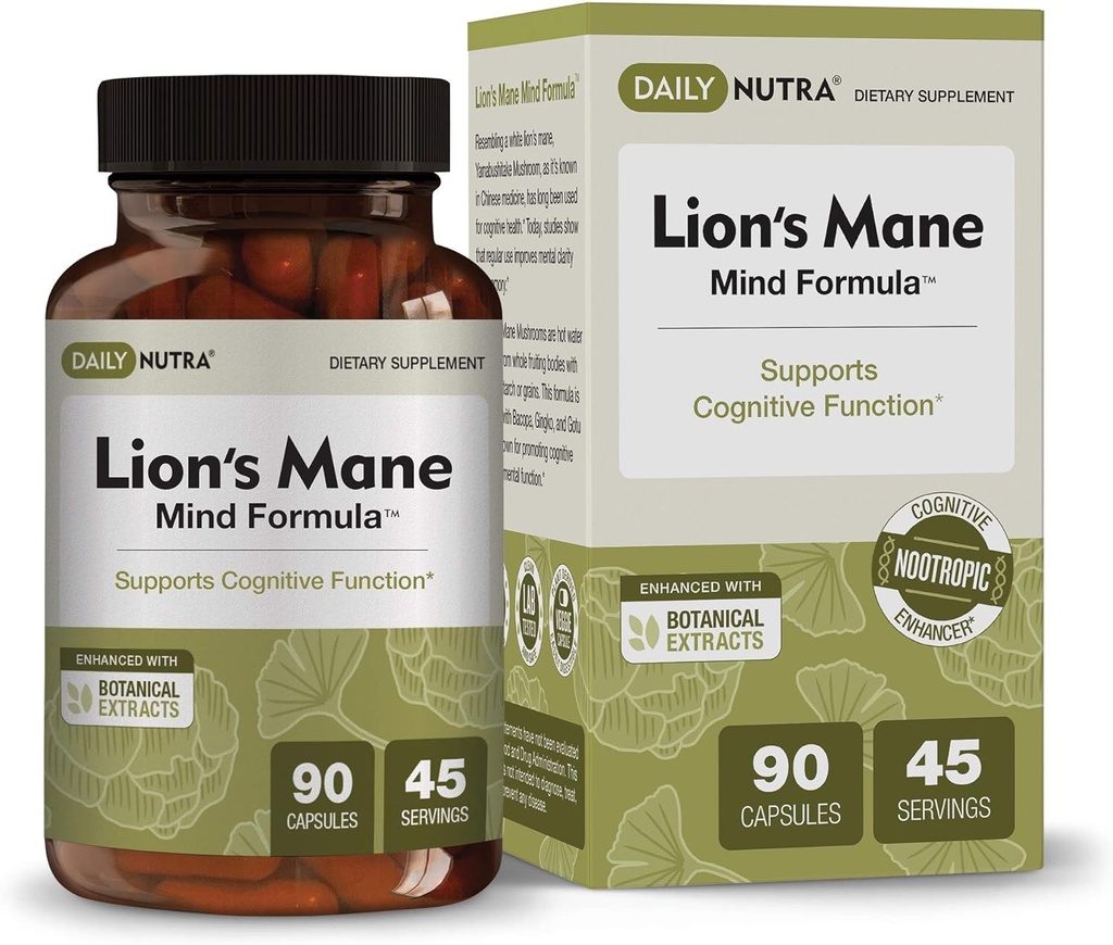 DailyNutra Lion的Mane Mind公式 -- -- 认知脑健康的新热带补编 -- -- 与Bacopa、Gingko和Gota Kola(90 Capsules)一起提取的有机蘑菇