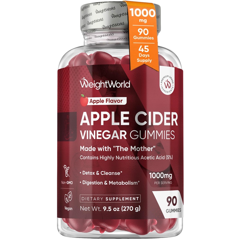 Wight World Apple Cider Vinegar Gummys with The Mother 1000mg - 90 Gummys - 添加维生素B6,B12,B9(酸液) & C 用于解毒,清洁,消化和代谢 - 美味的天然苹果 Flavor