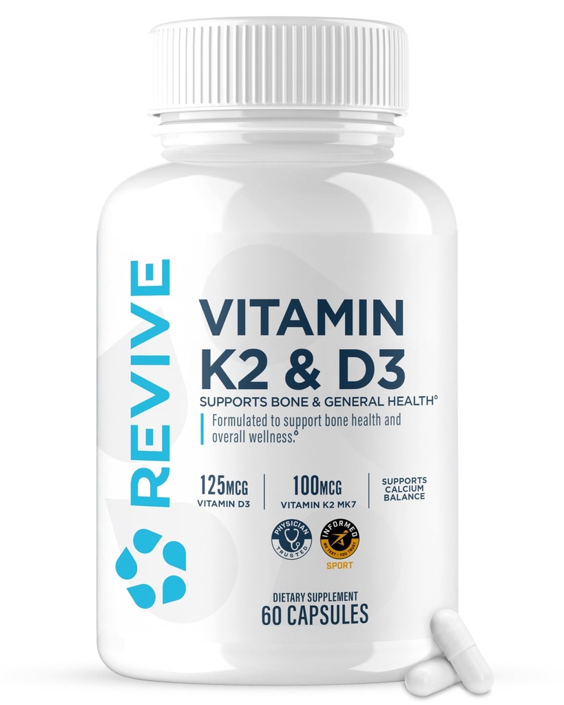 REVIVE MD 维生素D3 & K2 - 支持骨质健康与肌肉力量 - K2 & D3 女性与男性健康与脑功能维生素补充剂