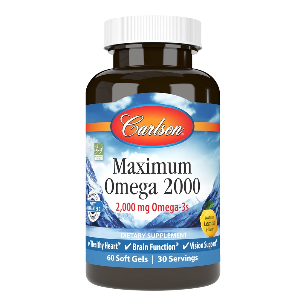 Carlson - 2000年最大Omega,2000毫克Omega-3脂肪酸,包括EPA和DHA,Wild-Caught,挪威鱼油补充品,可持续来源的鱼油盖,柠檬,60软胶