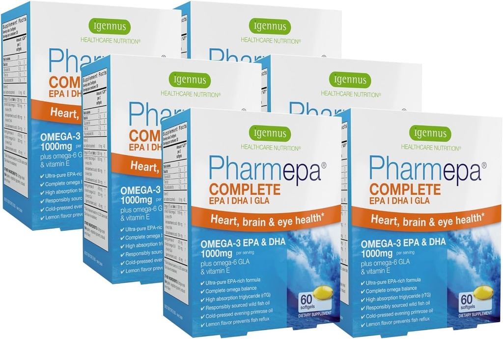 Igennus Pharmepa Complete EPA 668mg & DHA 334mg Omega-3 Fatty Acids 1000mg,IFOS认证,rTG Form,Highpotency Fish Plus Omega-6 & 9 来自GLA Evening Primrose Oil,Lemon Flavor,360软胶