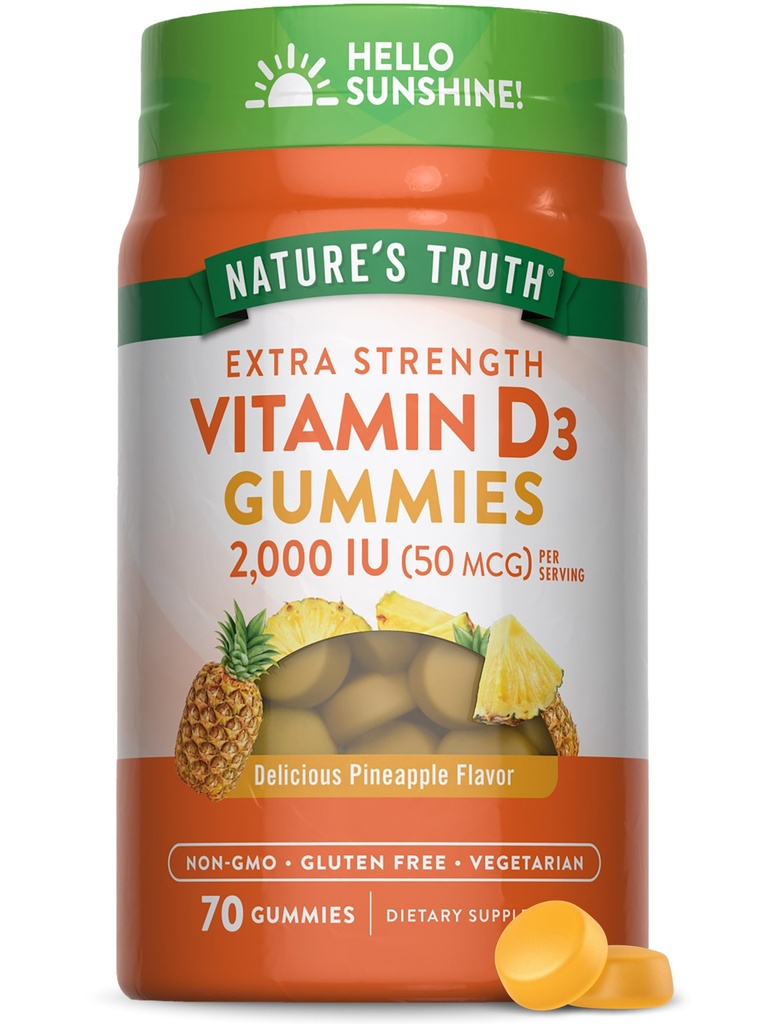 大自然的真理维他命D3 Gummys QQ2000 IU 70 Counter QQ Pineapple Flavor QQ Vegetarian, Non-GMO and Gluten Free Supple.