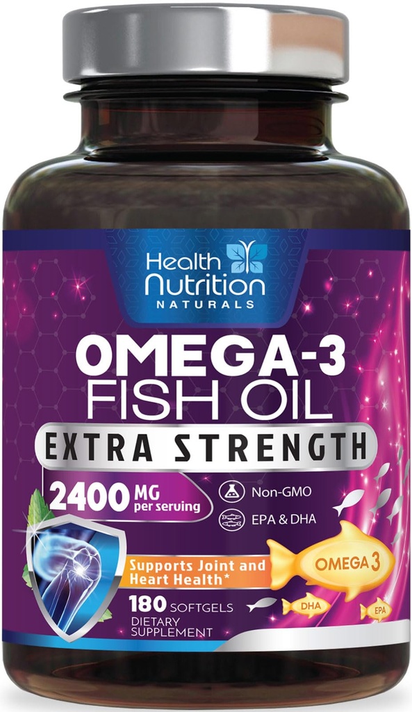 Omega 3 鱼油 2400 mg - 三重强度 Omega3, EPA & DHA 脂肪酸补充剂 - 对免疫,心脏和大脑健康的自然支持 - 野牛,非GMO,Lemon Flavor, Burpless - 180 Softgels