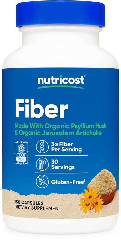 配有生前纤维的努特里科特纤维(Nutriccost Fiber Capsules) 150 Capsules - CCOF 认证补编,配有有机肽胡斯克和有机耶路撒冷 Artichoke, Gluten Free, 3 G Per Service