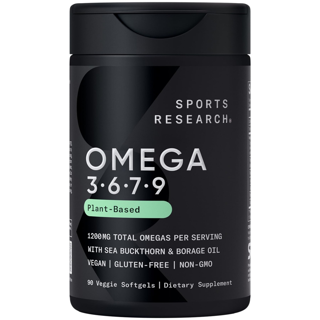 体育研究* Vegan Omega 3-6-7-9-1200 mg 多种Spectrum Omega脂肪酸 认证非GMO 配有海巴克特霍恩和博拉吉油的公式 - 90 Veggie Softgels