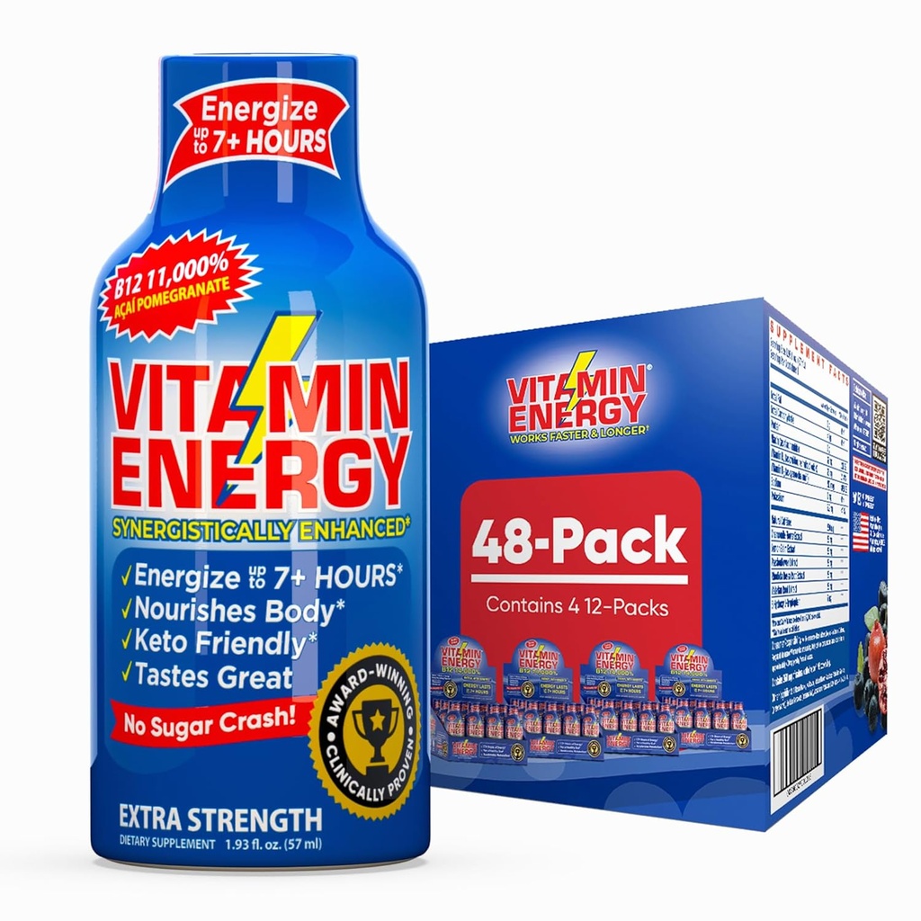 维生素能量 B12 11.1% 超强能量射击 Açaí Pomegranate 48 Pack, 260mg 天然咖啡因, B12 & B6, Nootropic Focus, Vitality, Zero Sugar, Gluten - Free, Vegan, Kosher, 1.93 fl oz