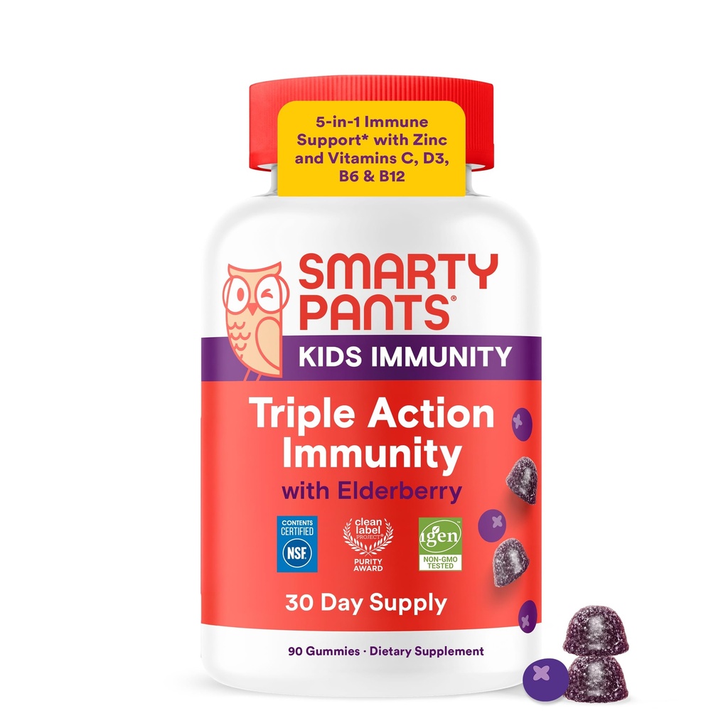 SmartyPants Kids 豁免长莓果汁:儿童免疫支持补充品,维生素C,维生素D,维生素B6和B12和锌,Gluten Free,长莓果汁,60 Counter(30天供应)