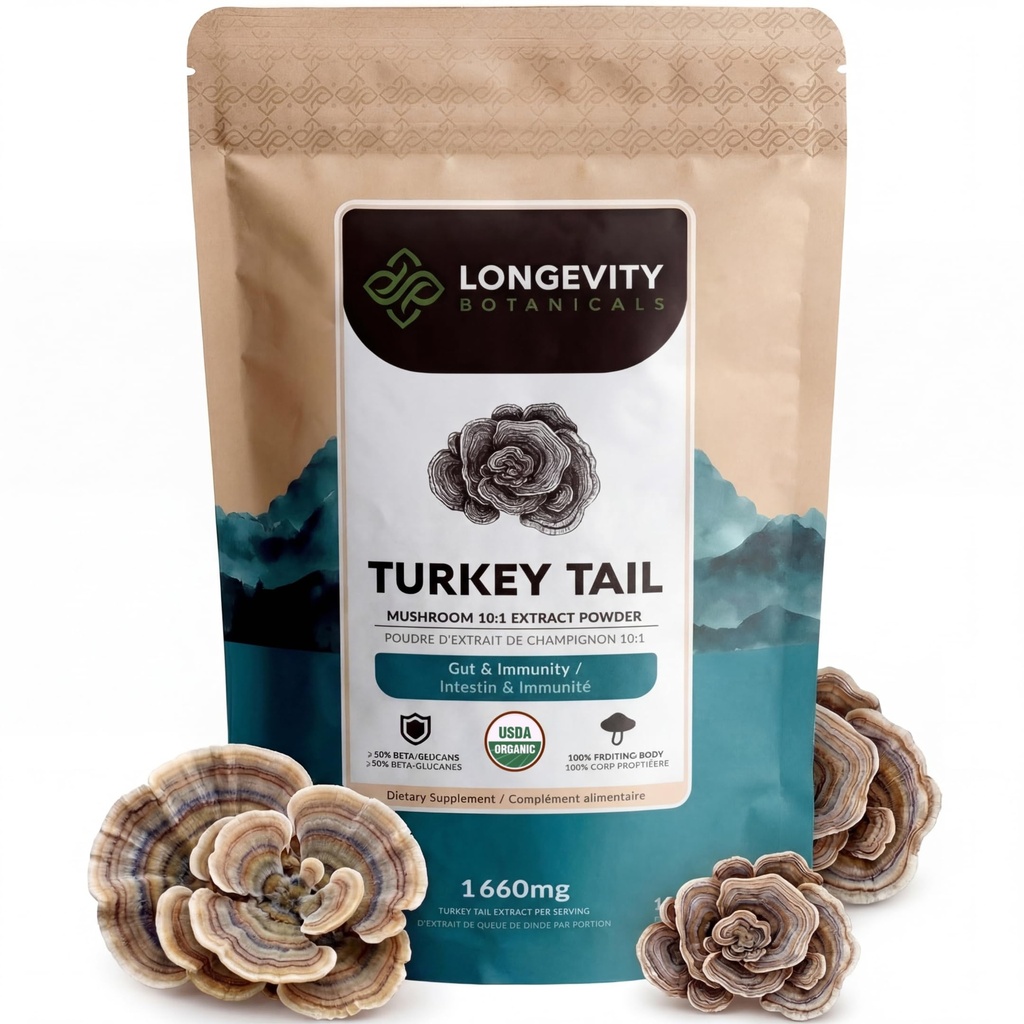 Turkey Tail蘑菇粉补充100g 纯果品 10:1 高强度提取 50% Beta-D Glucans 16,600mg 原始等效 服务 QQ Imune, Gut & Microbiome 支持