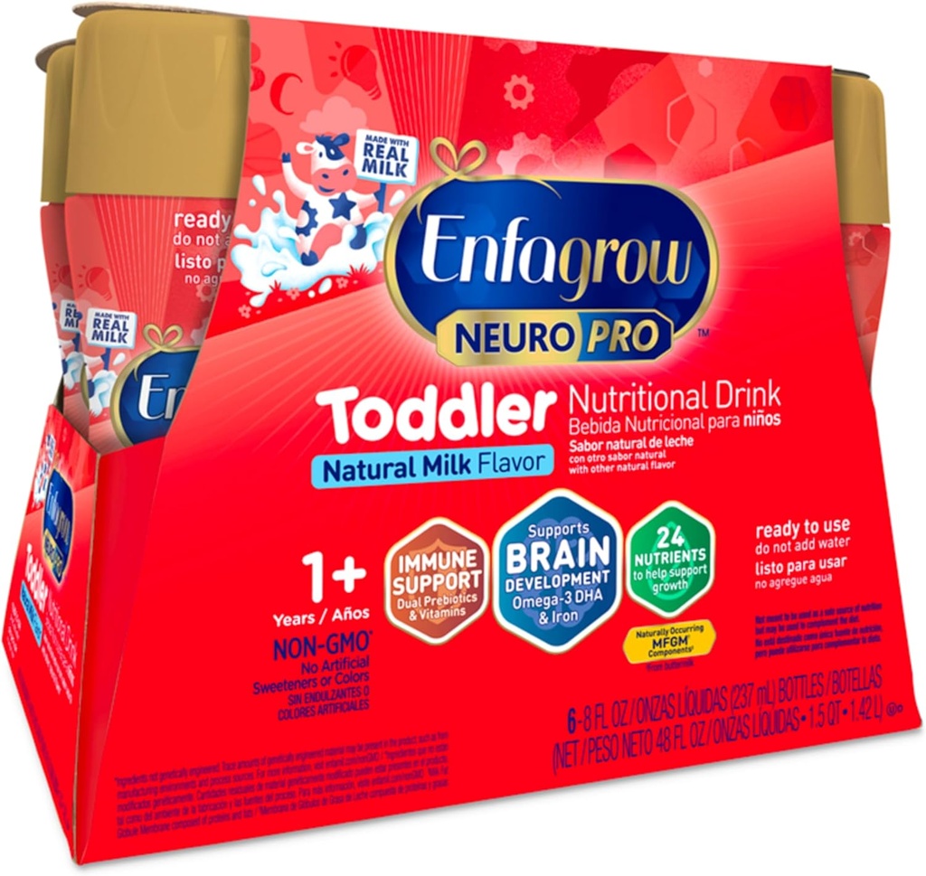 Enfagrow NeuroPro Todler 营养饮料,用真牛奶制造,脑积木Omega-3 DHA,生长和免疫支持的营养素和预生,非GMO,托德勒 奶粉,8 Fl Oz, 6 Counter