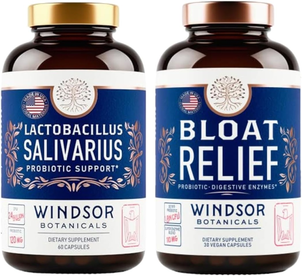 WINDSOR BOTANICALS BOOTANICALS BLOAT 救济和乳酸盐(Salivarius Probiocules) - 口服和IBS支助包