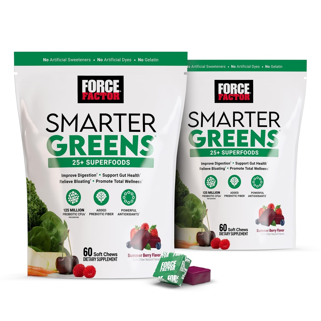 FORCETOR Smarter Greens Superfood Chews, 2-Pack, Greens 和 配有Probiotics, 抗氧化剂的超级食品 和 Fiber, 支持消化的绿色补充, Nitric Oxide, 和 Energy, 120 Soft Chews