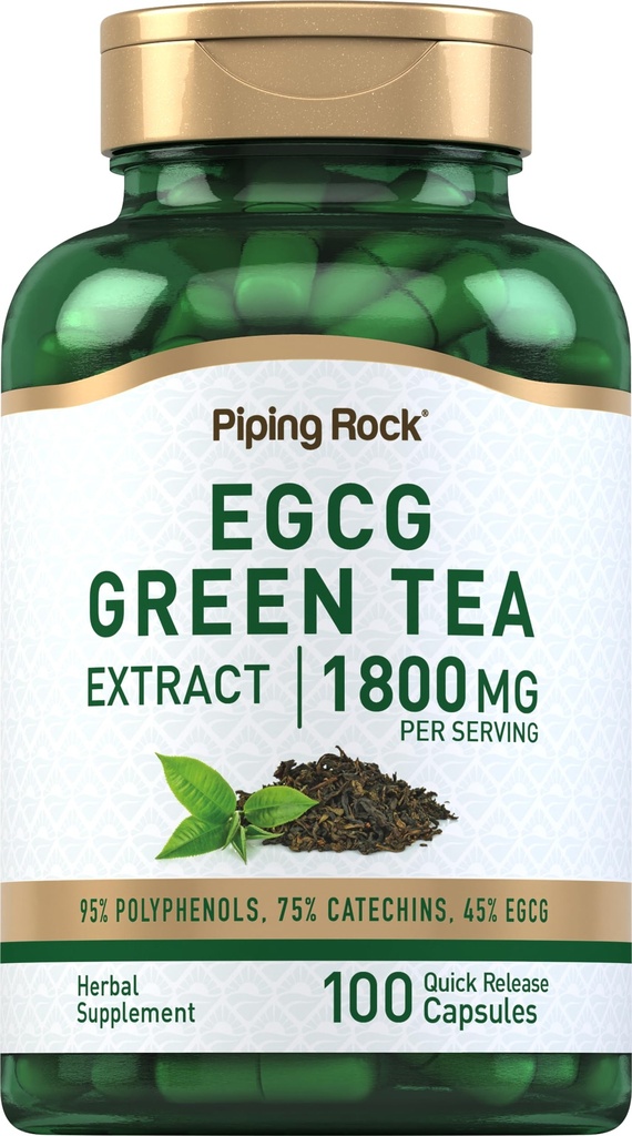 管道岩 EGCG 绿色茶叶提取 1800 mg → 100 Capsules → 标准化补充 → 非 GMO, Gluten Free