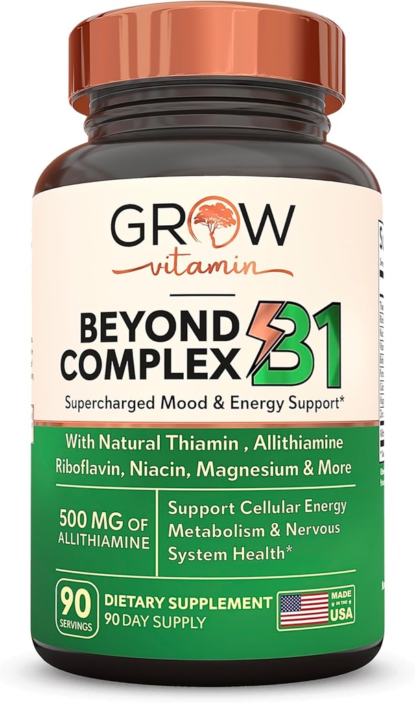 增生维生素 B1 复合体 - Allitiamine 天然维生素 B1 配必需B-维生素,Thiamin,Niacin, Biotin, Magnesium & More - 支持能量,Mood & Nervous系统 - 90 Capsules