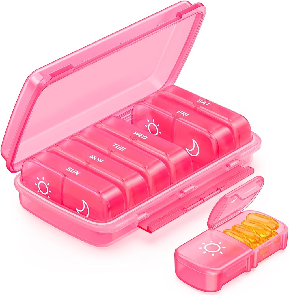每周的药丸组织者 2 Times 一天有防湿设计,Pink AM PM Pill Box 7 Day for Easy filling, Portable Pill Case for Travel, Lige Pill Holder for Vitamin, Fish Oil, Supplement (英语).
