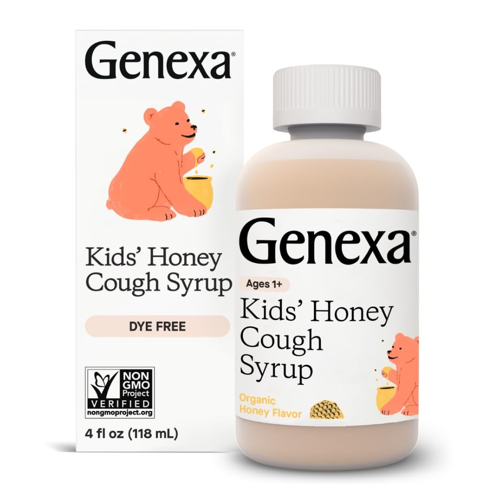 Genexa Kids的有机蜂蜜糖浆, Dye Free, 0 % 人工添加剂, 儿童咳嗽补救 2-11, 舒畅天然蜂蜜糖浆, Gluten Free, & 非GMO 4 fl z