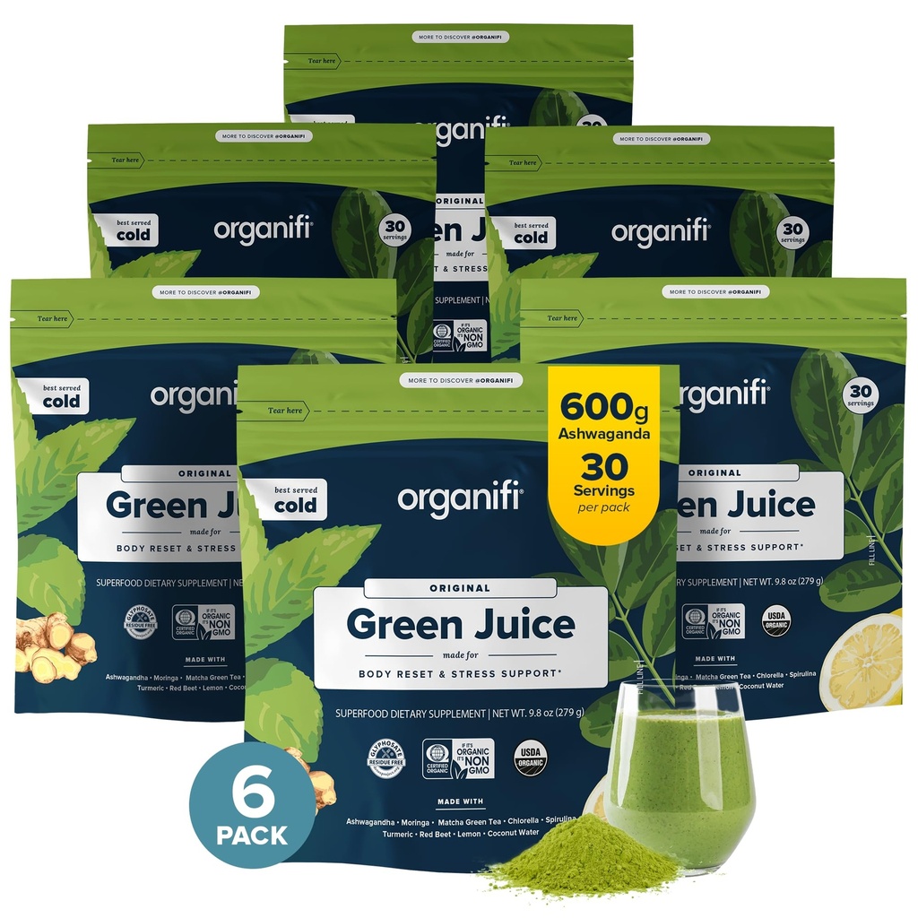Organifi Green Juice - 有机超食品粉 - 180天供应 - 有机维冈绿地 - 帮助降低科蒂索尔 - 提供更好的应激反应 - 支持重量控制 - 全身健康