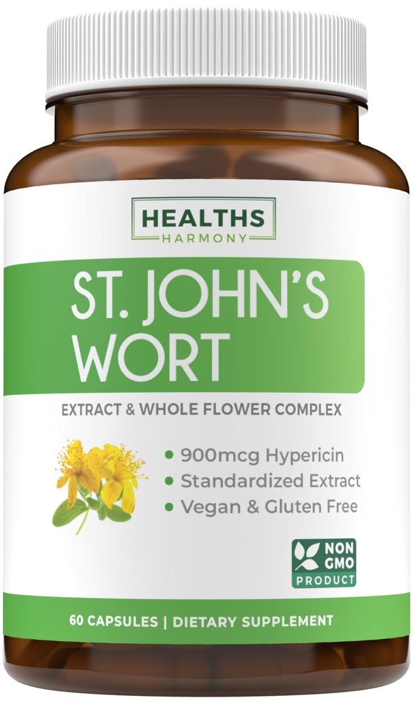 St John's Wort Capsules - 威力和Potent 圣约翰Wort 提取和全草综合体 标准化到900mcg Hypericin 用于平衡每日Mood支持 - Vegan Non-GMO & Lab 校验(60 Caps).