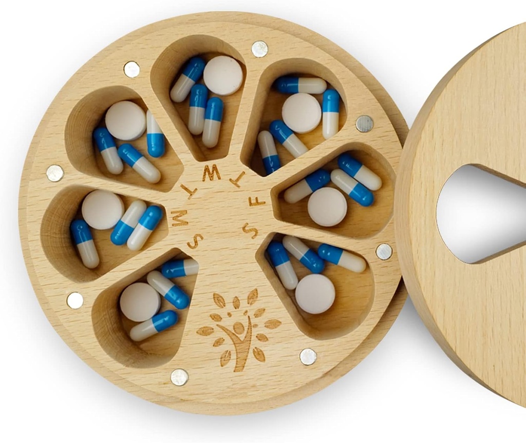 Wood Weekly Pill for Medical Vitamin, Arthritis Friendly 7-Day Pill Box 中度比较器,每日便携式旅行药箱,带天鹅绒包
