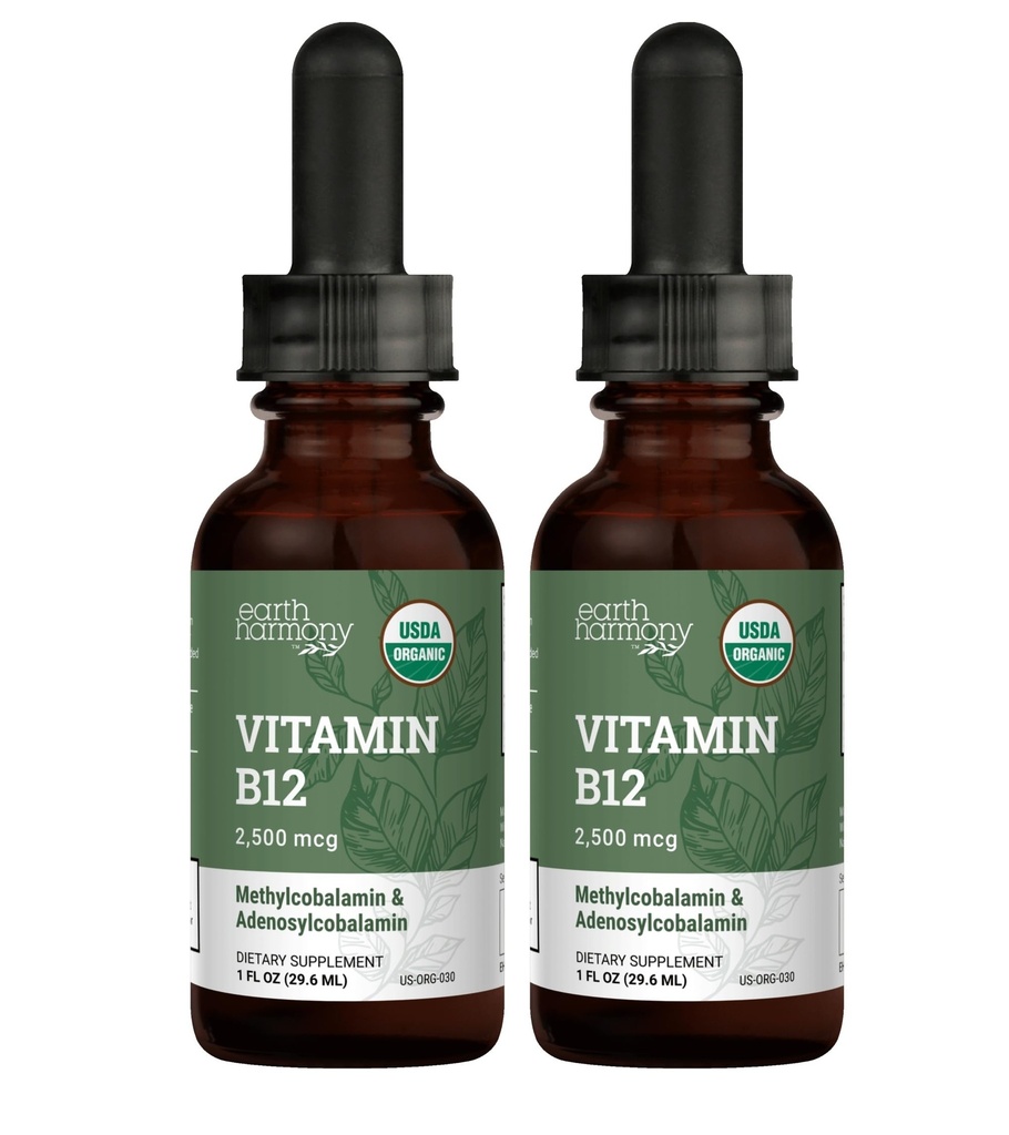 USDA 有机维生素B12 2000mcg 亚语言液体补充剂(2-Pack) - Vegan Methycobalamin Drops for Natural Energy, 维护代谢功能,以及Immune系统支持 - 1 Fl Oz