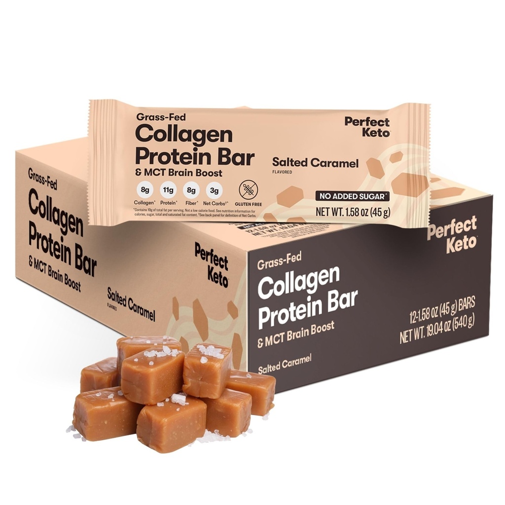 完美Keto Bars - 最干净的Keto Snacks 与科拉根和MCT. 没有添加糖, Keto 饮食友好 - 3g Net Carbs, 19g Fat, 11g 蛋白质 - 饮食食品甜点(盐焦糖, 12巴)