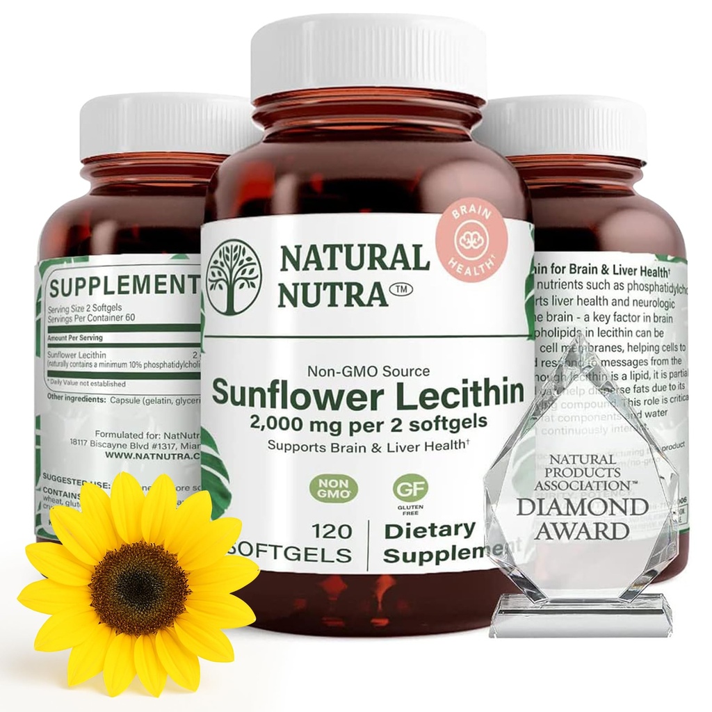 Natural Nutra Sunflower Lecithin 2000 mg 补充剂,支持母乳喂养的妈妈,配有Plugged Milk Duct Relief, Liver & Brain Health Boster, Soy Free, Non-GMO, Gluten-Free, 120 Softge