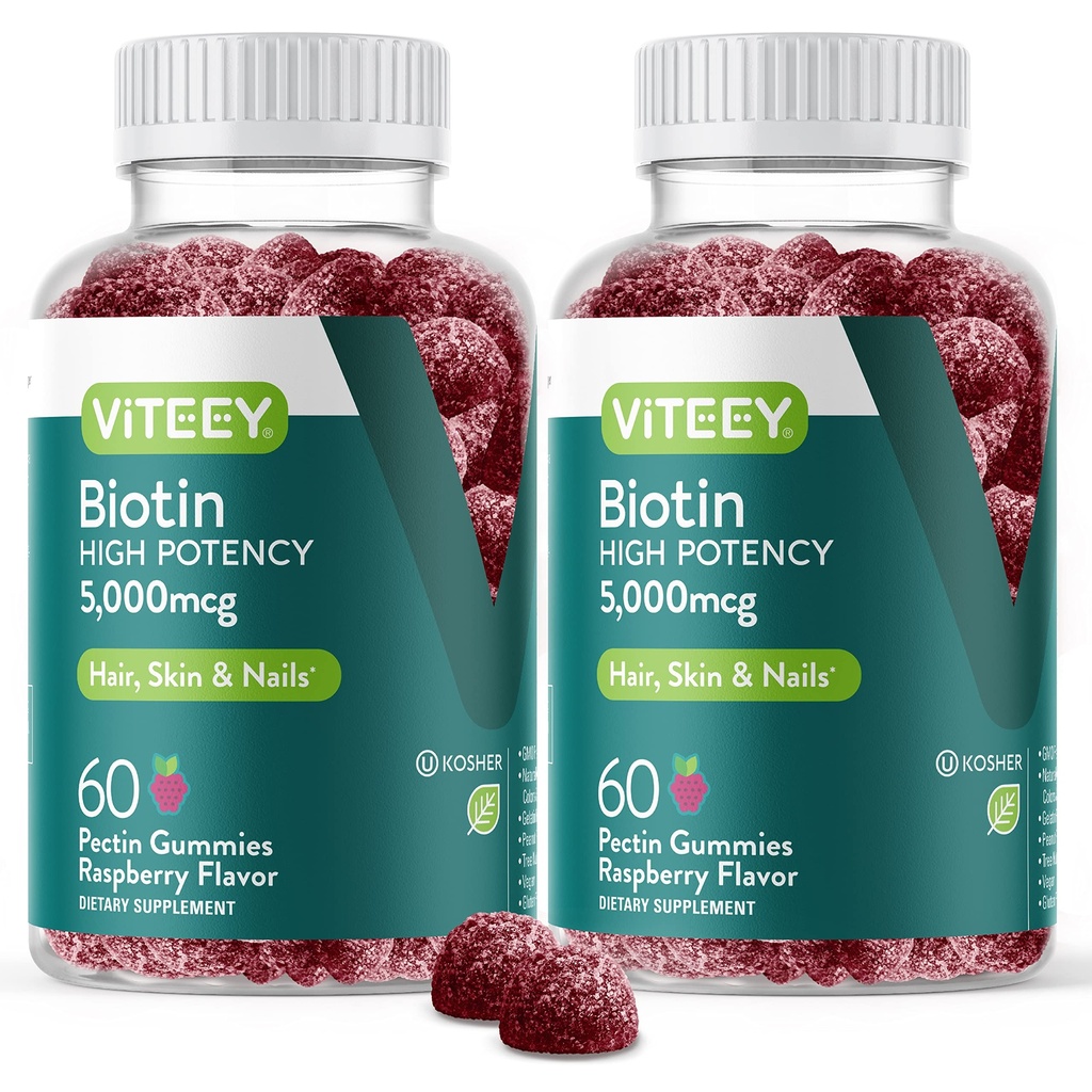 VITEEY Biotin Gummys for hair Skins and Nails - Biotin for hair growth Gummys - 5000 mcg - Vegan, Gluten-Free, Non-GMO - 120 计数