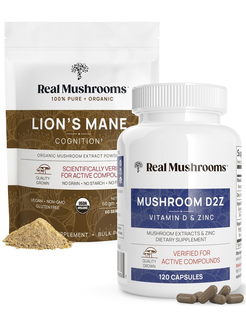 真正的蘑菇 D2、Cheladeld Zinc、Chaga、Reishi(120吨)和有机狮子的马内粉(60枚)-豁免和认知支持、改进吸收-Vegan、Gluten Free、非GMO