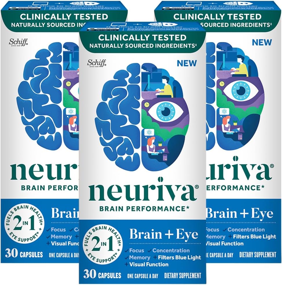 NEURIVA Brain + Eye 补充 内存、焦点和集中 临床测试的Lutein和Zeaxanthin, 维生素 A C & E + 锌 用于眼部健康 和过滤 蓝光 30 Counter Capsules (3 Pack)