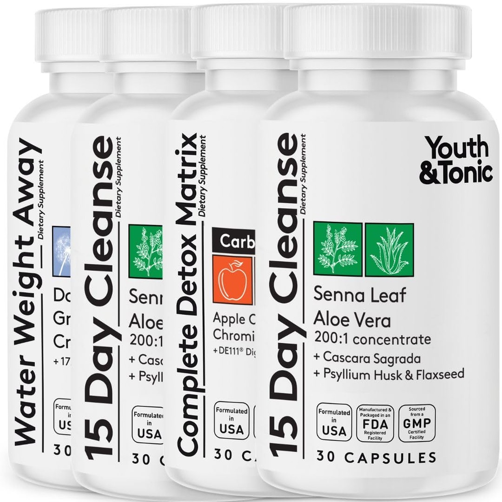 Detox Cleanse Kick Off Wight Management and Extra Colon Clean Cleanser. 4pk for Water Lost, Bloating, Flat Stomach, Puffness w Apple Cider Vinegar, Senna Leaf, Glucomannan, Chromium, Probiotic 120 Pills (英语) (英语).