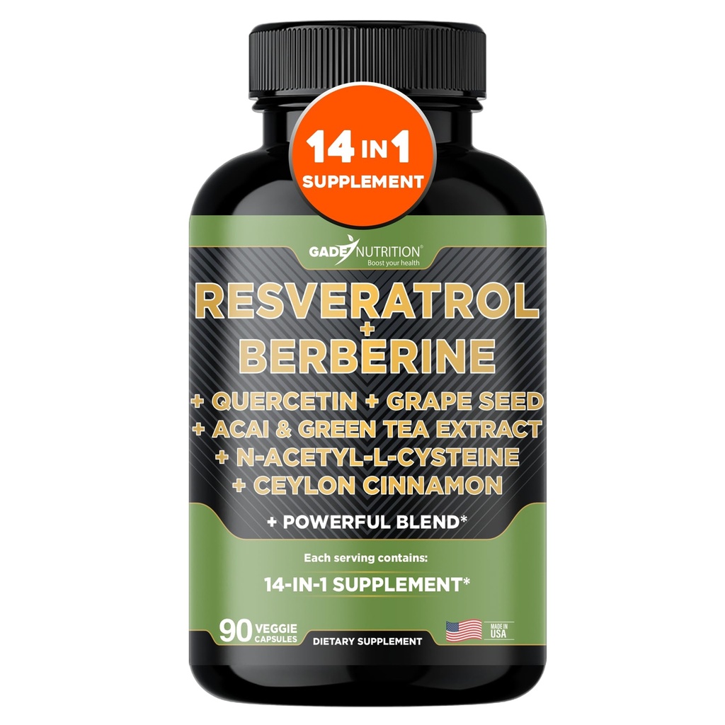 甘油营养 Resveratrol Berberine Quercetin 葡萄籽提取 绿色茶叶提取 N-乙酰Cysteine - 14 in 1 配有强抗氧化剂的男女复合补充剂 - 美国制造