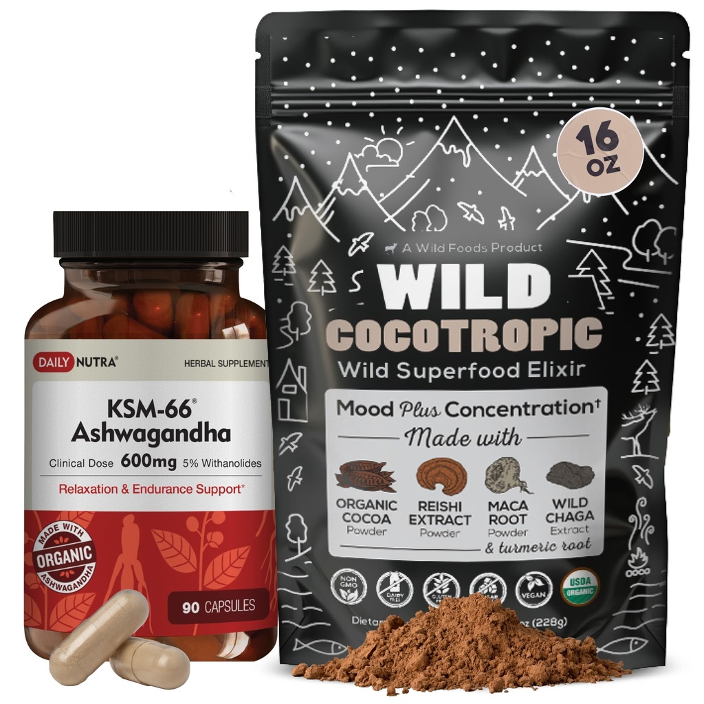 Daily Nutra KSM 66 Ashwagandha (90 Capsules)和蘑菇 Cacao Mix (16oz) 放松和聚焦包