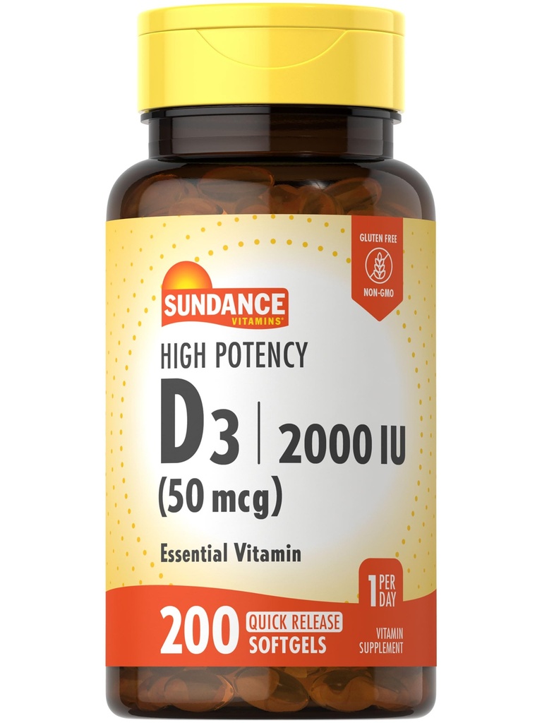 Sundance 高概率 D3 2000 IU → 200 快速释放软胶 → 基本维生素公式 → 非GMO 和 Gluten 免费补充