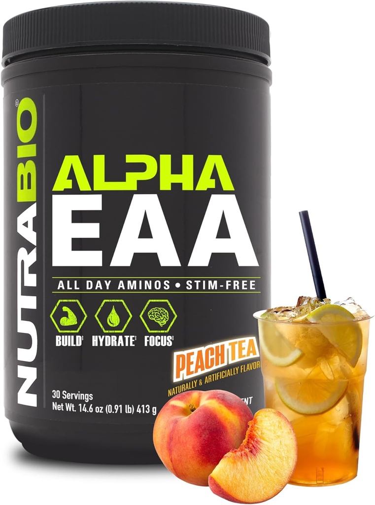 NutraBio Alpha EAA - 全日氨基酸促进肌肉生长和水分 - 含有诺特霉素和适应物的基本氨基酸 - 全谱EAA BCAA粉 - 30种服务 - 桃茶
