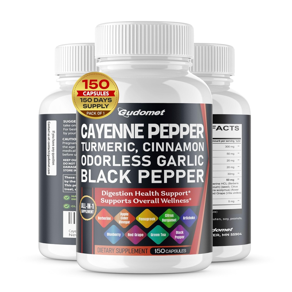 Cayenne Pepper Turmeric 无色大蒜 肉桂 Fenugreek Citrus Bergamot Artichoke 蓝莓 绿茶 黑辣椒 - 150 Capsules - 在美国制造