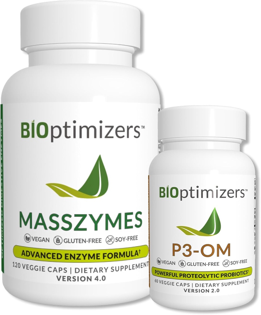 Bioptimers - P3-OM和MassZymes Bundle - Premium Digestive Enzymes and Probiotics for Men and Men - Doctor - Formulated (120 MassZymes Capsules, 60 P3-OM Capsules) (中文(简体) ).